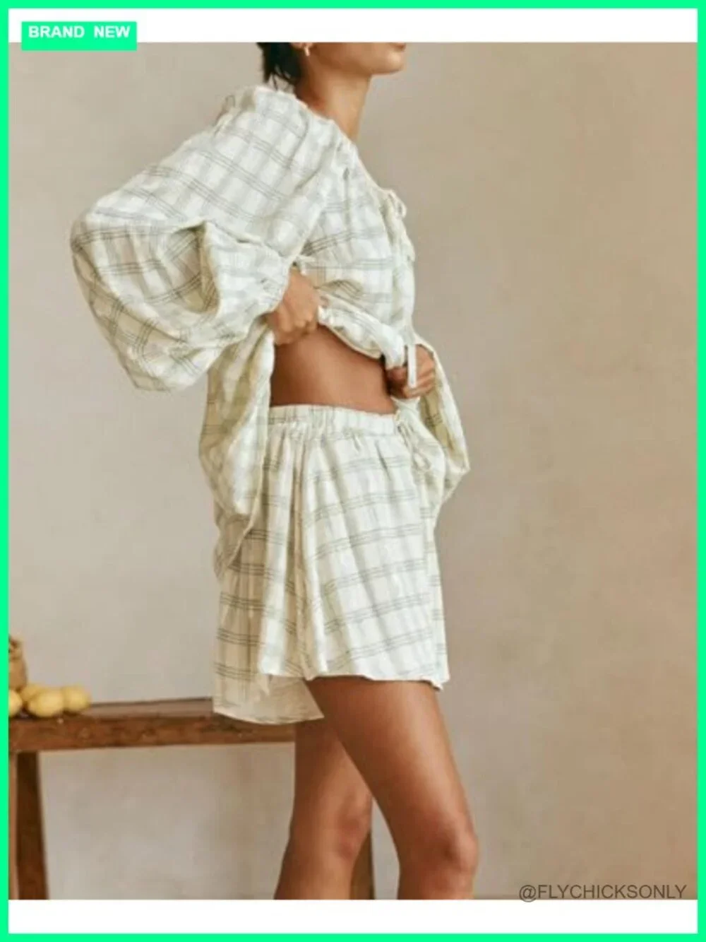 Women Gingham Pajama Set 2 Piece Long Puff Sleeve Babydoll Top Ruffle Plaid
